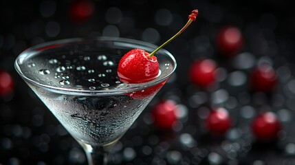   A macro shot of a martini glass featuring cherries around its rim and a cherry submerged within