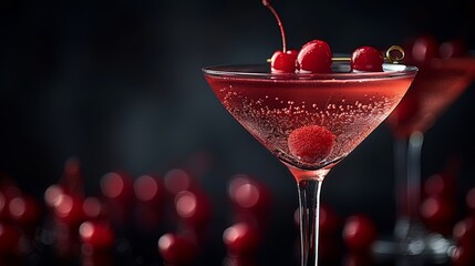  A macro shot of a glass of wine with a cherry on its rim