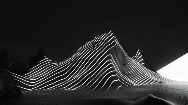 Sharp, angular lines forming a mountain landscape, executed in a minimalist black and white scheme, fluorescent colors 
