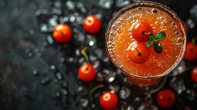   A close-up image of a drink with cherries on the edge and water droplets on the top of the glass