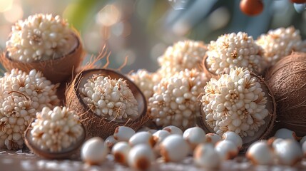   Coconuts and pearls on a table with a blurry leafy background in the foreground