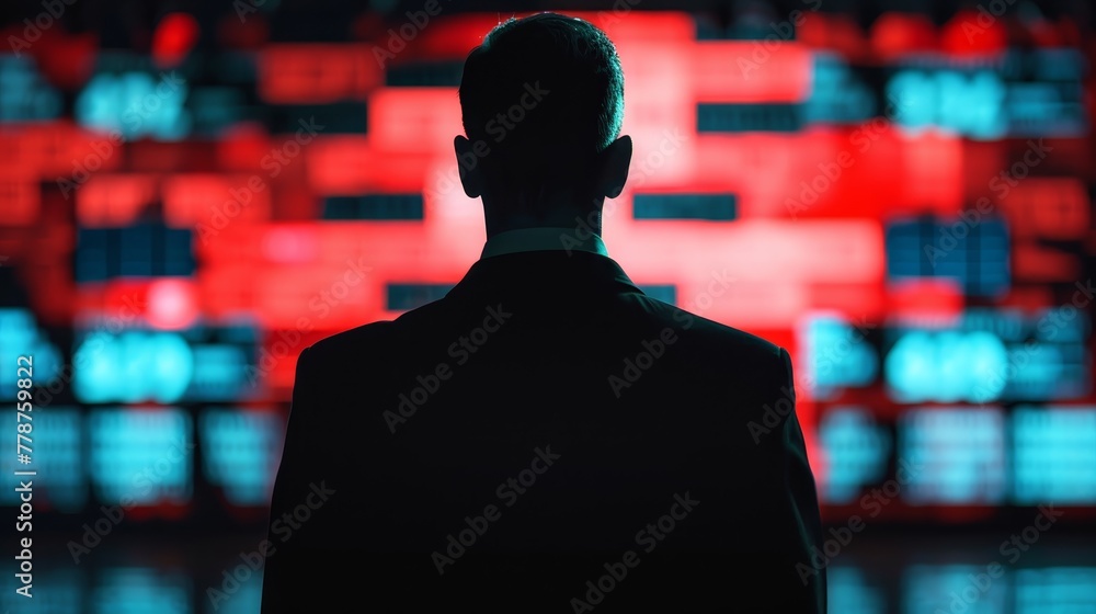 Aufkleber a man in a suit is standing in front of a large screen with a red background. the man is looking at 