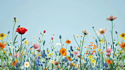 A lively and colorful image featuring a meadow filled with various wildflowers and insects under a blue sky