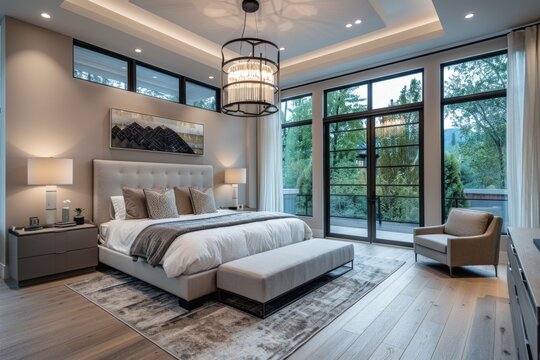 Elegantly appointed modern bedroom with expansive windows offering a tranquil forest view, blending comfort with luxury.
