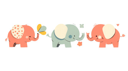 Fototapeta premium Adorable Cartoon Elephants in Pastel Colors isolated