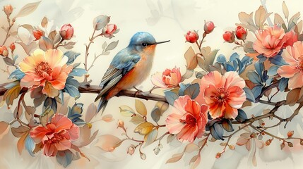   Blue bird on branch with pink flowers and leaves on white background