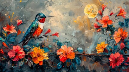   A painting depicts a bird perched on a branch amidst floral foreground and a luminescent full moon in the backdrop