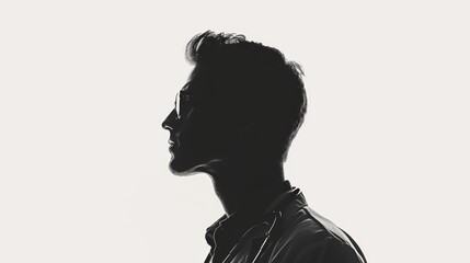 A man's head is shown in silhouette, with his face and hair obscured. The image has a moody, mysterious feel to it, as if the viewer is looking at a person who is not present. The use of black