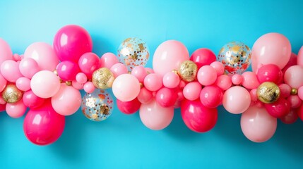   A cluster of balloons and gold-pink confetti floating against a blue backdrop