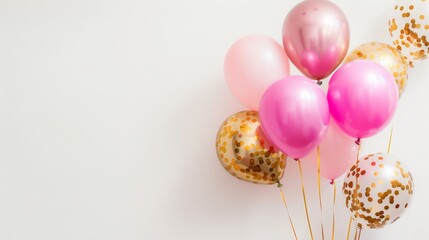   A stick with pink, gold, and white balloons adorned with confetti sprinkles - obrazy, fototapety, plakaty