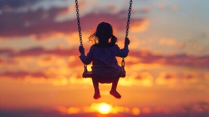 A little girl is swinging on a swing in the evening. The sky is orange and the sun is setting