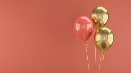   A collection of balloons atop a pink-gold table, adjacent to a red-pink wall