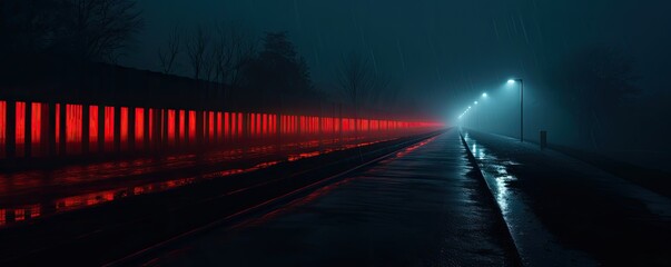 Through the veil of fog, street lamps cast a hazy glow along the road, as the red trail of a car's tail lights cuts through the mist, painting a scene of eerie beauty. - obrazy, fototapety, plakaty