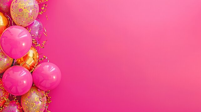   A pink background with balloons and confetti, providing space for text or images