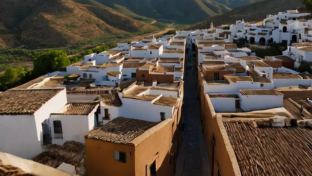 A small town with many houses and a narrow street. Spain