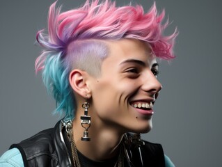 Fototapeta premium Man With Pink and Blue Hair Wearing Leather Jacket