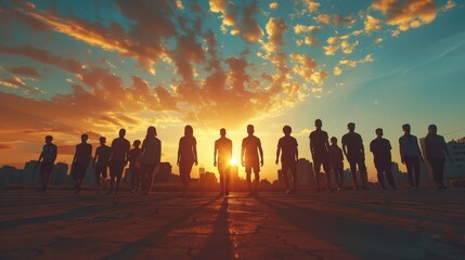 A group of people are walking in a field at sunset. The sky is filled with clouds and the sun is setting. The people are walking in a line, with some of them carrying backpacks