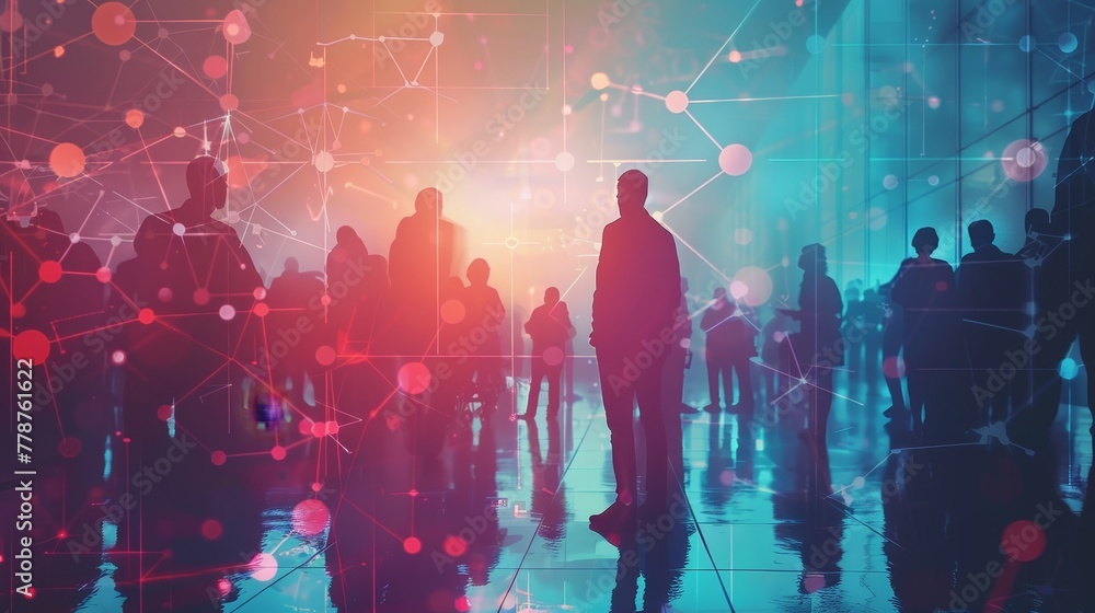 Poster a group of people are standing in a city street with a network of lines connecting them. the image h