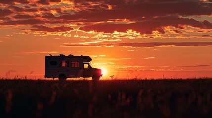 Fototapeta premium A white RV is parked in a field at sunset. The sky is orange and the sun is setting