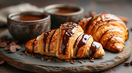   A croissant topped with chocolate drizzle sits on a plate alongside a cup of coffee