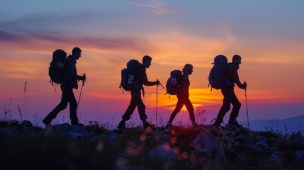 Four people are walking up a mountain, with their backpacks on. The sun is setting, creating a beautiful and serene atmosphere - obrazy, fototapety, plakaty