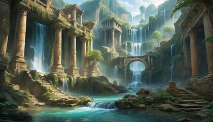 Serene landscape of a forgotten civilization, with majestic ancient ruins, cascading waterfalls and lush vegetation under soft sunlight.. AI Generation - obrazy, fototapety, plakaty