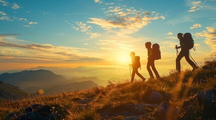 A group of people are hiking up a mountain, with the sun setting in the background. Scene is peaceful and serene, as the group enjoys the beautiful scenery and the warmth of the sun - obrazy, fototapety, plakaty