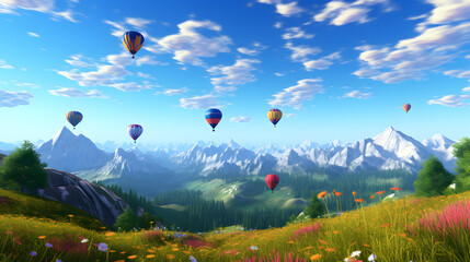 A vibrant landscape with colorful balloons flying high in the sky amidst green fields and fluffy clouds