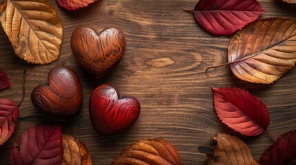   A heart-shaped object rests atop a wooden table, surrounded by green leaves The top features a red and yellow heart