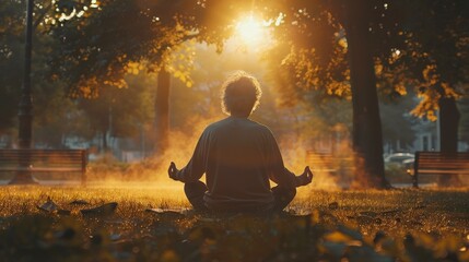 A man is sitting in the grass, meditating in the park. The sun is shining brightly, casting a warm glow on the scene. The man is in a peaceful and relaxed state - obrazy, fototapety, plakaty