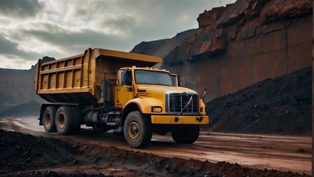 A yellow dump truck is driving down a dirt road