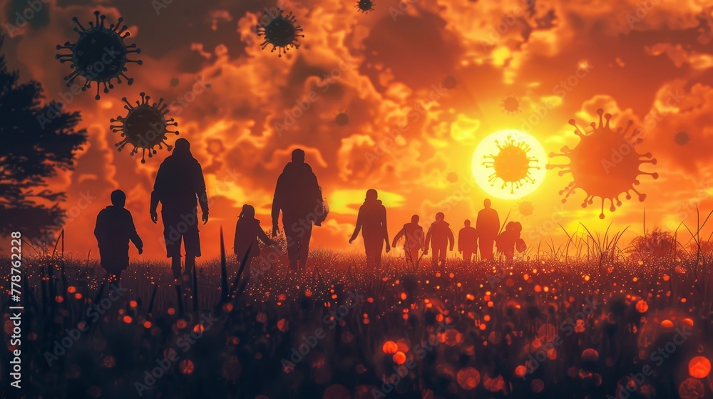 Poster a group of people are walking through a field with a large sun in the background. the sun is surroun