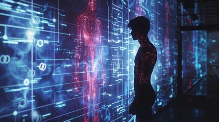 A man stands in front of a computer screen that displays a human body. The body is made up of many small dots, and the man is looking at it. Concept of curiosity and wonder