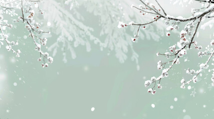 An enchanting image of snow-covered branches with red berries against a soft green background, evoking the magic of winter