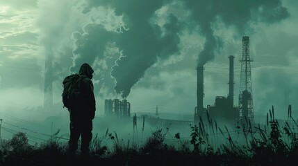 A man is standing in a field of smoke and fog. The sky is dark and the air is thick with pollution. The man is wearing a backpack and he is lost or searching for something. The scene is eerie