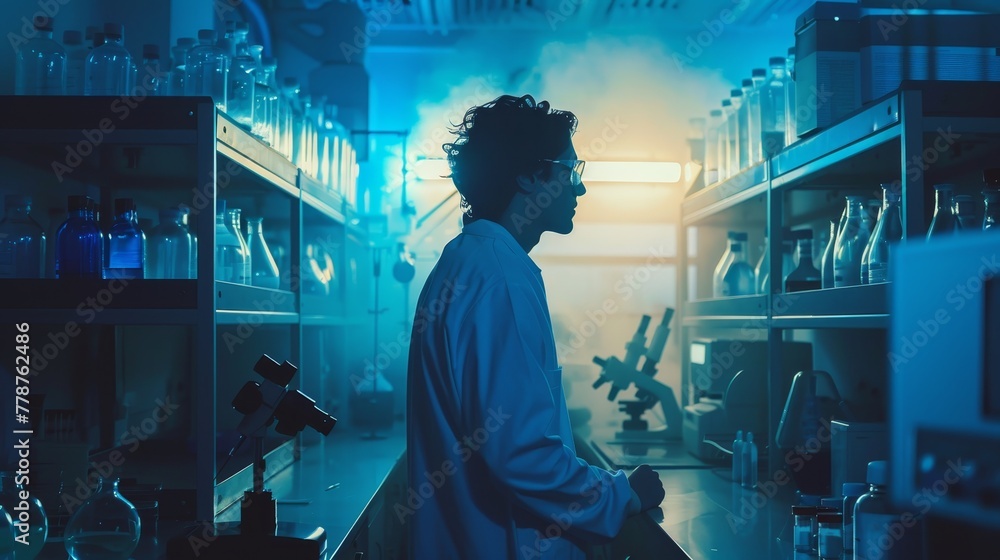 Aufkleber a man in a lab coat is sitting at a table with a microscope. the room is dimly lit and filled with v