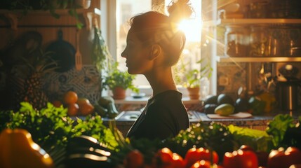A woman is standing in a kitchen with a variety of vegetables and fruits. The kitchen is well-lit, and the woman is in a peaceful and relaxed mood