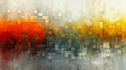   An abstract painting featuring squares and rectangles in shades of orange, yellow, and gray against a white backdrop