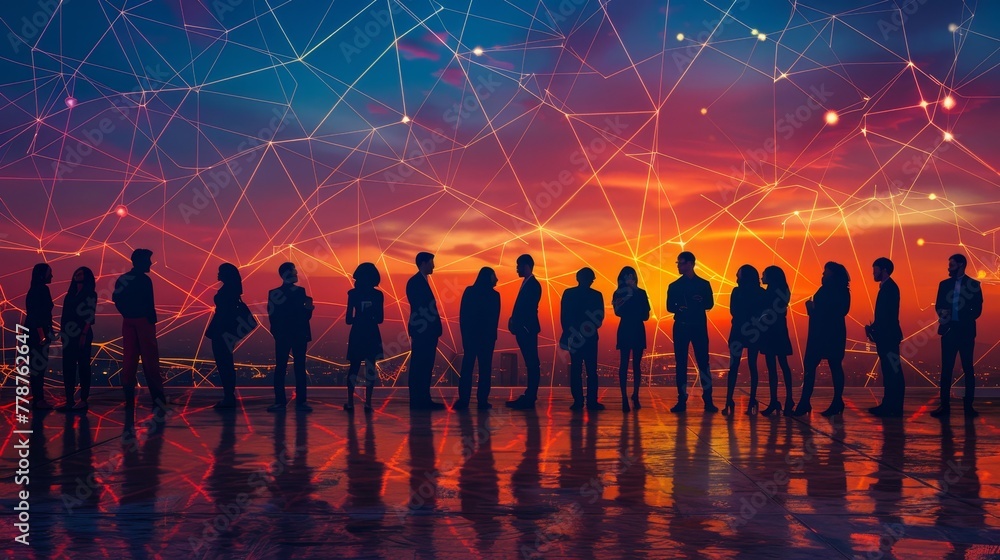 Poster a group of people are standing in a line, with the sun setting in the background. concept of unity a