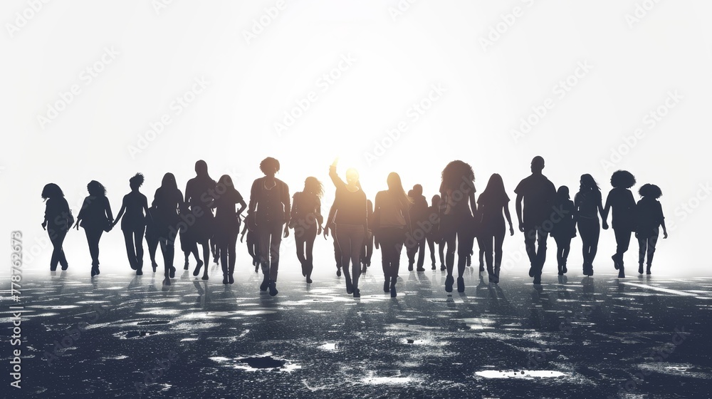 Poster a group of people are running in a field. the people are all different sizes and are spread out acro