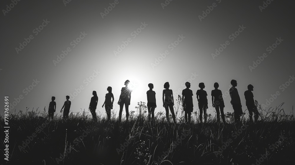 Poster a group of people are standing in a field with the sun shining on them. the image has a mood of unit