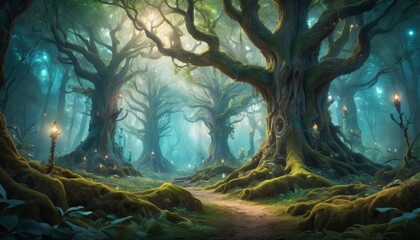 Mystical lights dance among ancient trees in an enchanted forest, where a serene path invites travelers into a world of fantasy and legend at twilight.. AI Generation - obrazy, fototapety, plakaty