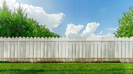 White wooden fence in the backyard and lawn