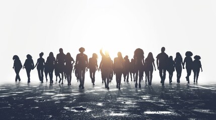 A group of people are running in a field. The people are all different sizes and are spread out across the field. Scene is energetic and active