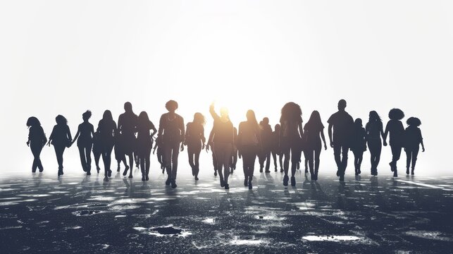 A group of people are running in a field. The people are all different sizes and are spread out across the field. Scene is energetic and active