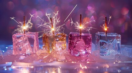   Four ice cubes with sparklers in the center and on top