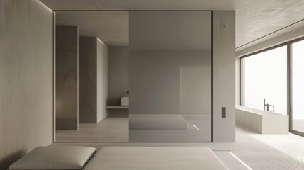 super minimal bedroom design with a front view of a separating wall between the bedroom and the bathroom