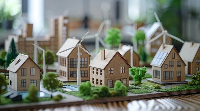Wind turbines and models of houses on an architectural layout. 