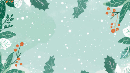 Snowy branches and holly berries punctuate this fresh green background with splashes of winter white and red