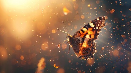   Butterfly flying with water droplets on ground and blurry background - obrazy, fototapety, plakaty